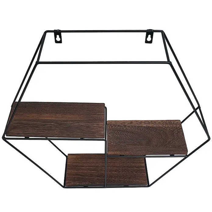 Berlinlodge Holzregal Wandregal sechseckig - H x B x T: 43 x 49 x 11 cm, Anzahl Böden: 3 Stk., Einhängen, Braun - Wandregal im Sechseckdesign mit drei Holzablagen und schwarzem Metallrahmen. Ideal für moderne Dekoration und praktische Aufbewahrung.