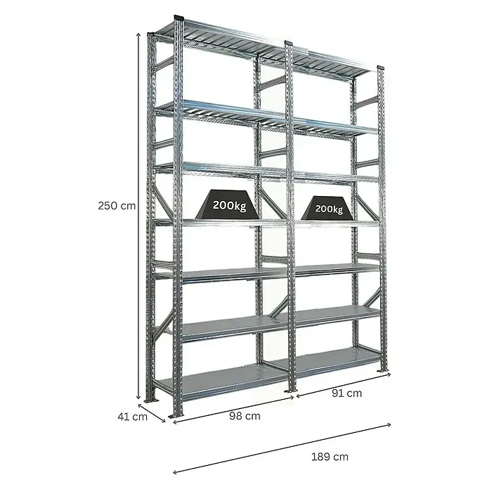 Proregal Metallregal Fachbodenregal PROXIMO 1x Grundregal + 1x Anbauregal - Traglast pro Boden: 200 kg, Anzahl Böden: 7 Stk., Stecken, Verzinkt - Lagerregal mit den Maßen 250x189x41 cm, belastbar mit 200 kg pro Ebene, ideal für Lagerung und Organisation.