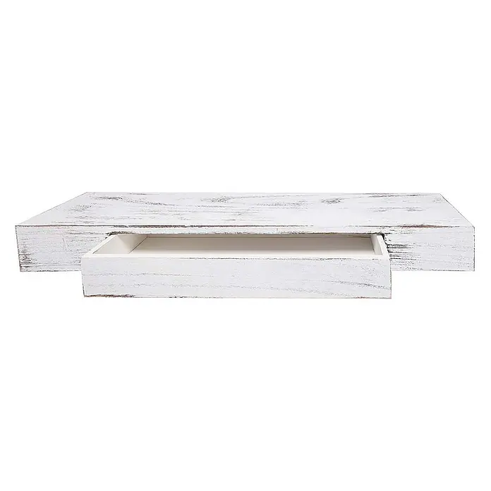 Berlinlodge Holzregal Wandregal - Anzahl Böden: 1 Stk., Einhängen, Weiß shabby - Weißes Holzregal mit einer herausgezogenen Schublade, das rustikale Designelemente aufweist und ideal für die Wandmontage geeignet ist.
