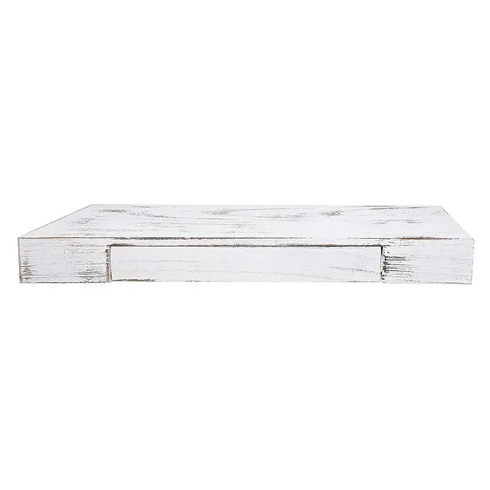 Berlinlodge Holzregal Wandregal - Anzahl Böden: 1 Stk., Einhängen, Weiß shabby - Ein weißes Wandregal mit Schublade aus Holz, ideal zur Aufbewahrung und Dekoration Ihres Zuhauses. Das Regal hat eine rustikale Optik.