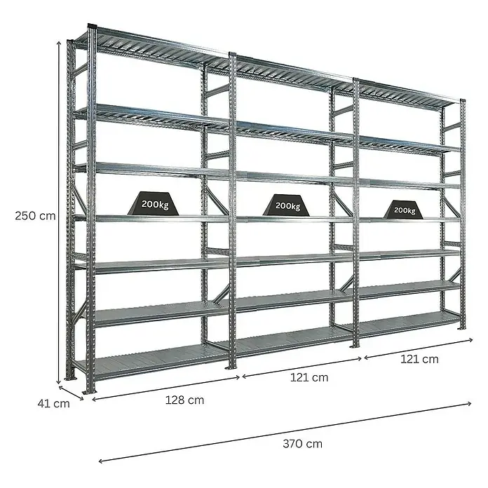 Proregal Metallregal Fachbodenregal PROXIMO 1x Grundregal + 2x Anbauregal - Traglast pro Boden: 200 kg, Anzahl Böden: 7 Stk., Stecken, Verzinkt - Abbildung eines robusten Metallregals mit mehreren Ebenen, ideal für Lagerung, mit Gewichtsangaben zur Belastbarkeit.