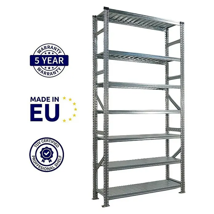 Proregal Metallregal Fachbodenregal PROXIMO 1x Grundregal + 2x Anbauregal - Traglast pro Boden: 200 kg, Anzahl Böden: 7 Stk., Stecken, Verzinkt - Bild eines stabilen Metallregals mit sieben Ebenen, ideal für Lagerung und Organisation mit Garantie und EU-Qualität.