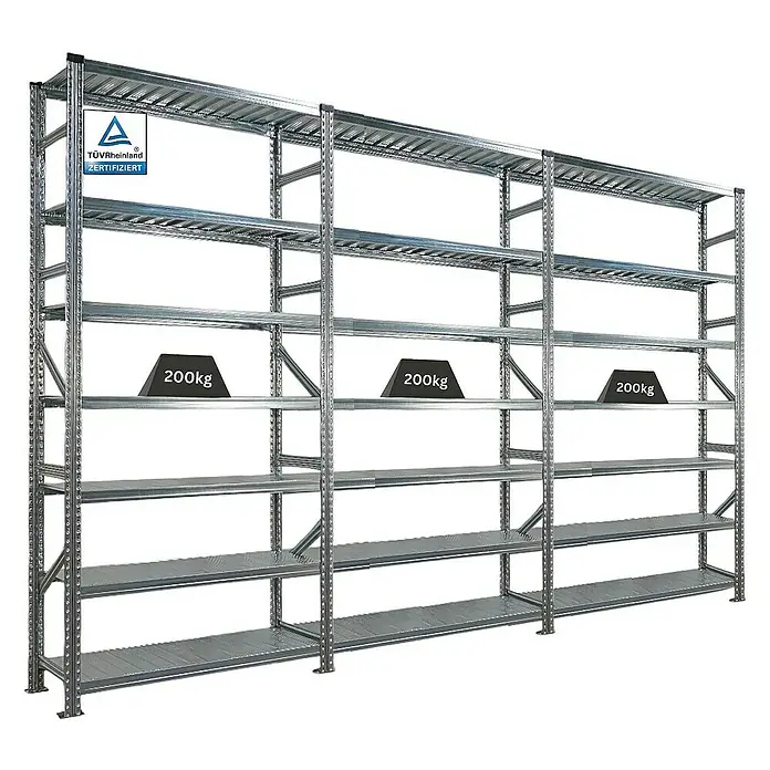 Proregal Metallregal Fachbodenregal PROXIMO 1x Grundregal + 2x Anbauregal - Traglast pro Boden: 200 kg, Anzahl Böden: 7 Stk., Stecken, Verzinkt - Abbildung eines Metallregalsystems mit mehreren Ebenen, das für schwere Lasten ausgelegt ist. Belastbarkeit von 200kg pro Ebene.