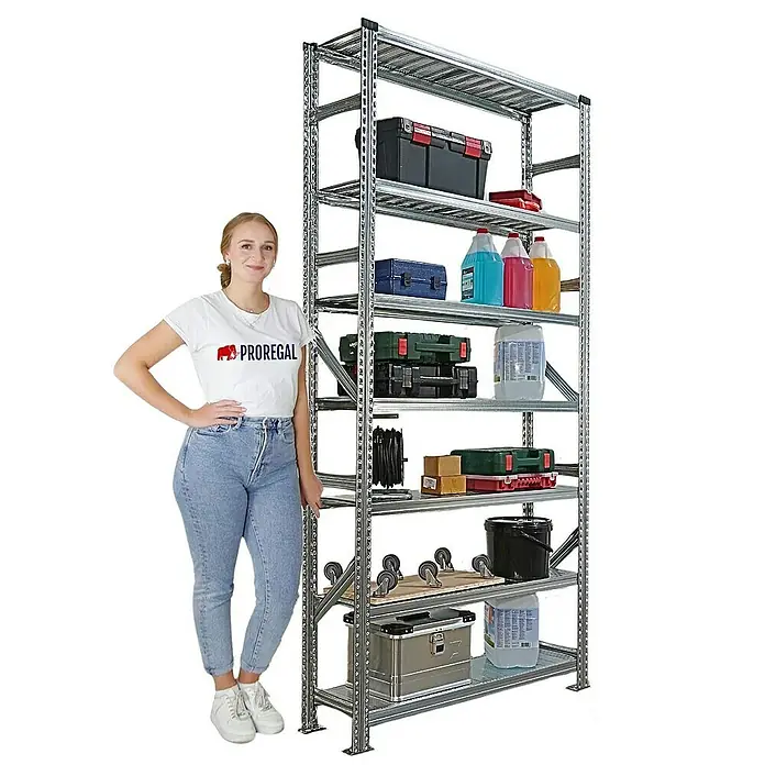 Proregal Metallregal Fachbodenregal PROXIMO 1x Grundregal + 2x Anbauregal - Traglast pro Boden: 200 kg, Anzahl Böden: 7 Stk., Stecken, Verzinkt - Vielseitiges Metallregal mit Werkzeugen und Behältern, ideal für Garage oder Lagerraum. Robuste Konstruktion für hohe Belastbarkeit.