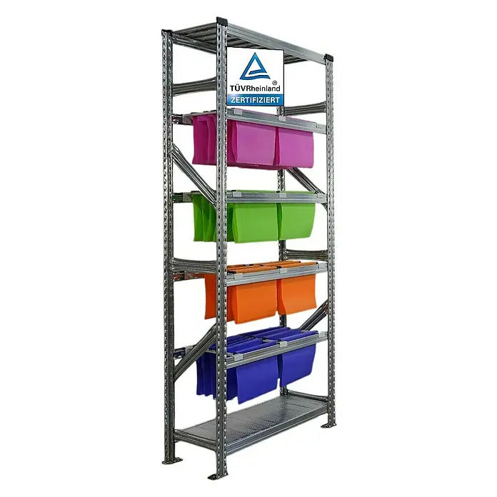 Proregal Registraturregal PROXIMO 1x Grundregal + 3x Anbauregal - H x B x T: 200 x 90 x 32 cm, Stecken, Verzinkt - Regal mit farbigen Hängeordnern, zertifiziert durch TÜV Rheinland, bietet effiziente Büroorganisation und geprüfte Qualität.\n