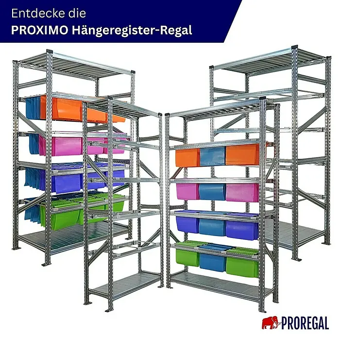 Proregal Registraturregal PROXIMO 1x Grundregal + 3x Anbauregal - H x B x T: 200 x 90 x 32 cm, Stecken, Verzinkt - Entdecken Sie das PROXIMO Hängeregister-Regal: Robustes Metallregal mit farbigen Hängeboxen für Büro und Lager.