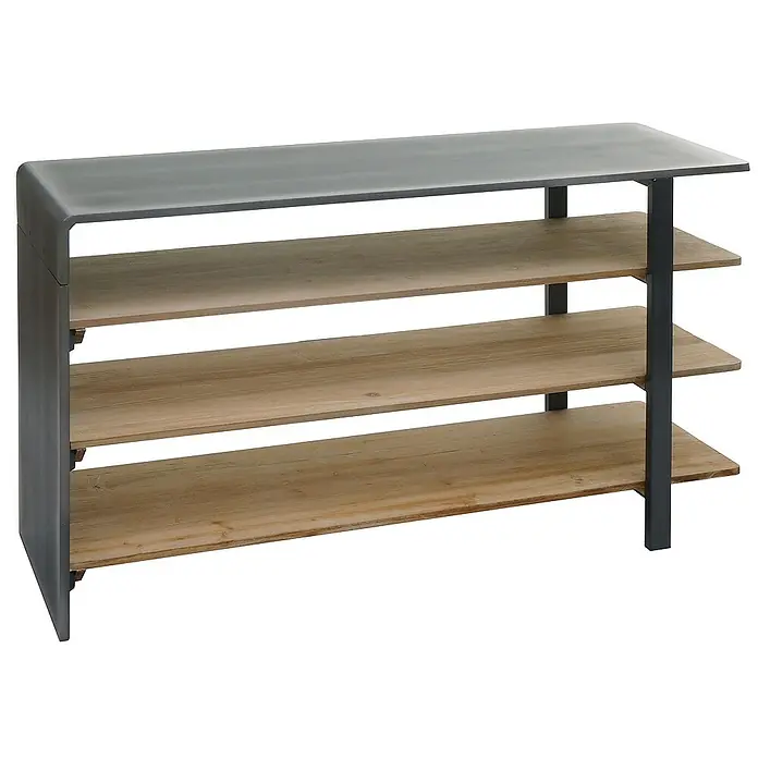 Berlinlodge Holzregal Regal - H x B x T: 72 x 119 x 40 cm, Anzahl Böden: 4 Stk., Einhängen, Braun - Schuhregal mit drei Ablagen aus Holz und einem grauen Metallrahmen. Es ist funktional und bietet praktischen Stauraum für Schuhe.