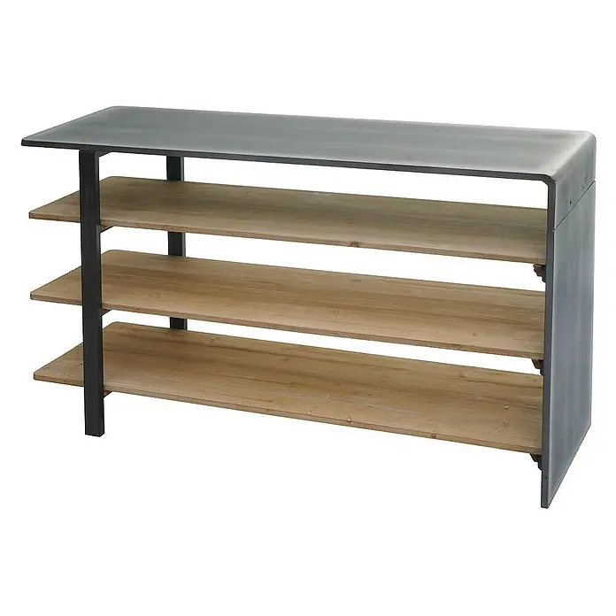 Berlinlodge Holzregal Regal - H x B x T: 72 x 119 x 40 cm, Anzahl Böden: 4 Stk., Einhängen, Braun - Das Bild zeigt eine stilvolle Ablage mit drei Holzablagen und einer grauen Metalloberfläche, ideal für die Aufbewahrung und als dekoratives Element.