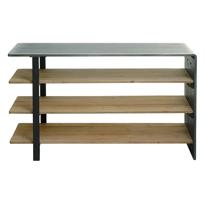 Berlinlodge Holzregal Regal - H x B x T: 72 x 119 x 40 cm, Anzahl Böden: 4 Stk., Einhängen, Braun - Schlichtes Schuhregal mit drei Ablagen aus hellem Holz und einem dunklen Metallgestell für einen industriellen Touch.