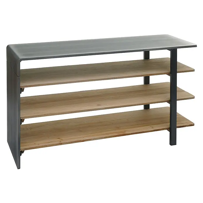 Berlinlodge Holzregal Regal - H x B x T: 72 x 119 x 40 cm, Anzahl Böden: 4 Stk., Einhängen, Braun - Ein elegantes Schuhregal mit drei Ablagen aus hellem Holz und einem dunklen Metallrahmen, ideal für die Aufbewahrung von Schuhen im Flur.