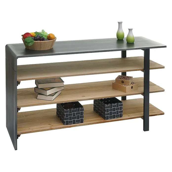 Berlinlodge Holzregal Regal - H x B x T: 72 x 119 x 40 cm, Anzahl Böden: 4 Stk., Einhängen, Braun - Regal mit drei Holzböden und Metallrahmen, dekoriert mit Obst, Vasen, Büchern und Körben.