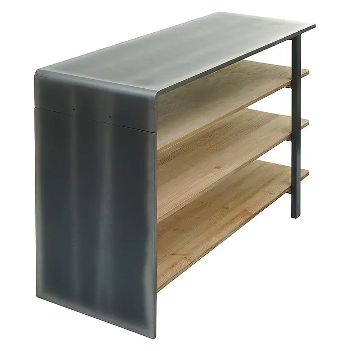 Berlinlodge Holzregal Regal - H x B x T: 72 x 119 x 40 cm, Anzahl Böden: 4 Stk., Einhängen, Braun - Diese Aufnahme zeigt eine elegante Konsole mit Metallakzenten und Holzregalen, die vielseitige Aufbewahrungsmöglichkeiten bietet.