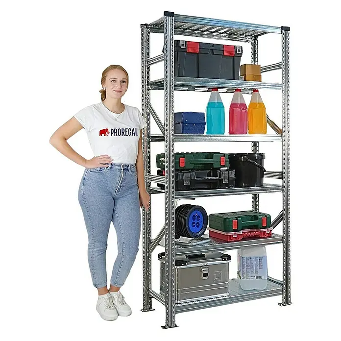 Proregal Metallregal Fachbodenregal PROXIMO Grundregal - Traglast pro Boden: 200 kg, Anzahl Böden: 6 Stk., Stecken, Verzinkt - Das Bild zeigt ein Regal mit Werkzeugen und Behältern, das von einer Frau mit einem Proregal-T-Shirt präsentiert wird.