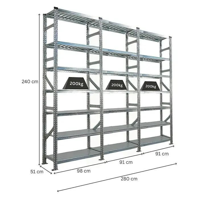 Proregal Metallregal Fachbodenregal PROXIMO 1x Grundregal + 2x Anbauregal - H x B x T: 240 x 90 x 50 cm, Traglast pro Boden: 200 kg, Anzahl Böden: 7 Stk., Stecken, Verzinkt - Ein Bild eines robusten Schwerlastregals aus Metall mit mehreren Ebenen und Gewichtsangaben.