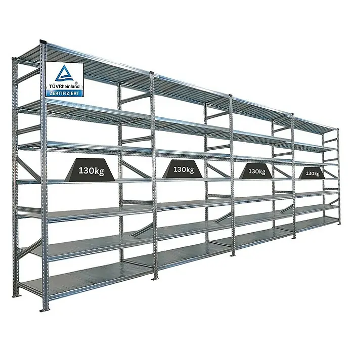 Proregal Metallregal Fachbodenregal PROXIMO 1x Grundregal + 3x Anbauregal - H x B x T: 240 x 150 x 60 cm, Traglast pro Boden: 200 kg, Anzahl Böden: 7 Stk., Stecken, Verzinkt - Lagerregal mit mehreren Fächern, zertifiziert durch TÜV Rheinland, belastbar mit 130kg pro Fach.