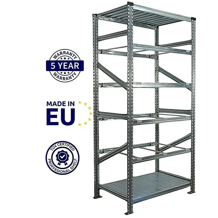Proregal Registraturregal PROXIMO Grundregal - H x B x T: 200 x 90 x 60 cm, Stecken, Verzinkt - Bild eines Metallregals mit mehreren Ebenen, ideal für Lagerzwecke und Werkstätten, mit Garantie und EU-Qualität.