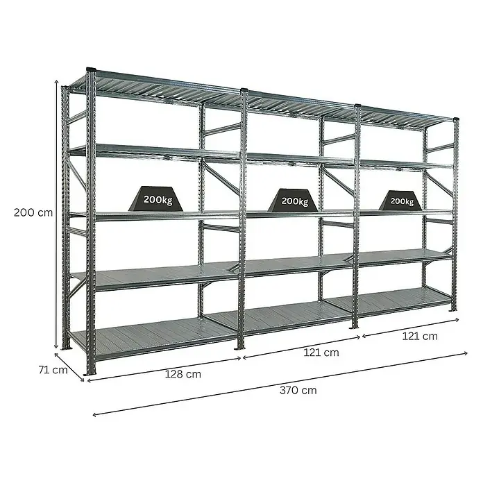 Proregal Metallregal Fachbodenregal PROXIMO 1x Grundregal + 2x Anbauregal - Traglast pro Boden: 200 kg, Anzahl Böden: 5 Stk., Stecken, Verzinkt - Ein stabiles, graues Schwerlastregal mit vier Ebenen, das mit Gewichtsangaben und Abmessungen versehen ist.