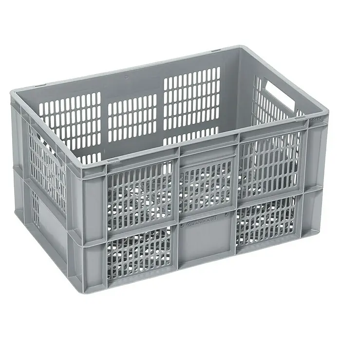 BAUHAUS Caja Euro + base con ruedas - 60 l, L x An x Al: 60 x 40 x 32 cm, 5 pzs. - Caja de plástico gris con lados perforados y asas, ideal para almacenar y transportar mercancías.