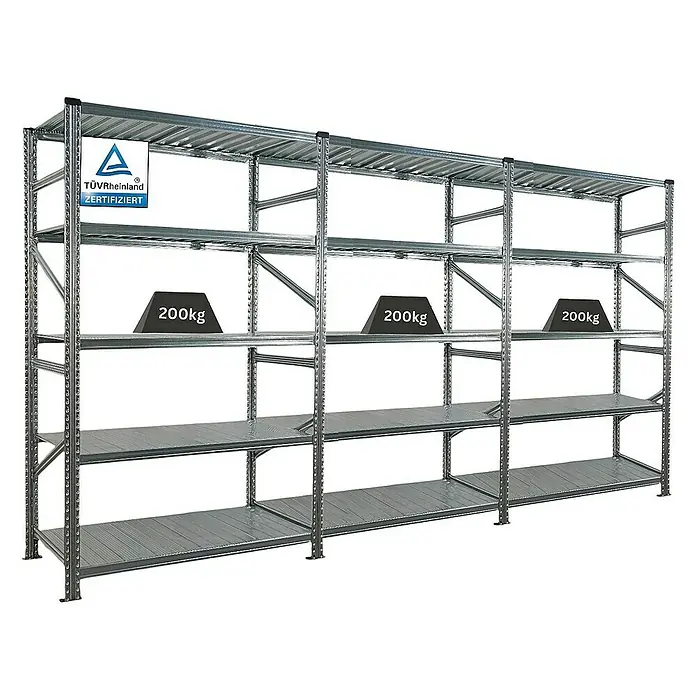 Proregal Metallregal Fachbodenregal PROXIMO 1x Grundregal + 2x Anbauregal - Traglast pro Boden: 200 kg, Anzahl Böden: 5 Stk., Stecken, Verzinkt - Schwerlastregal mit vier Ebenen, geprüft durch TÜV Rheinland, belastet mit 200kg Gewichten.