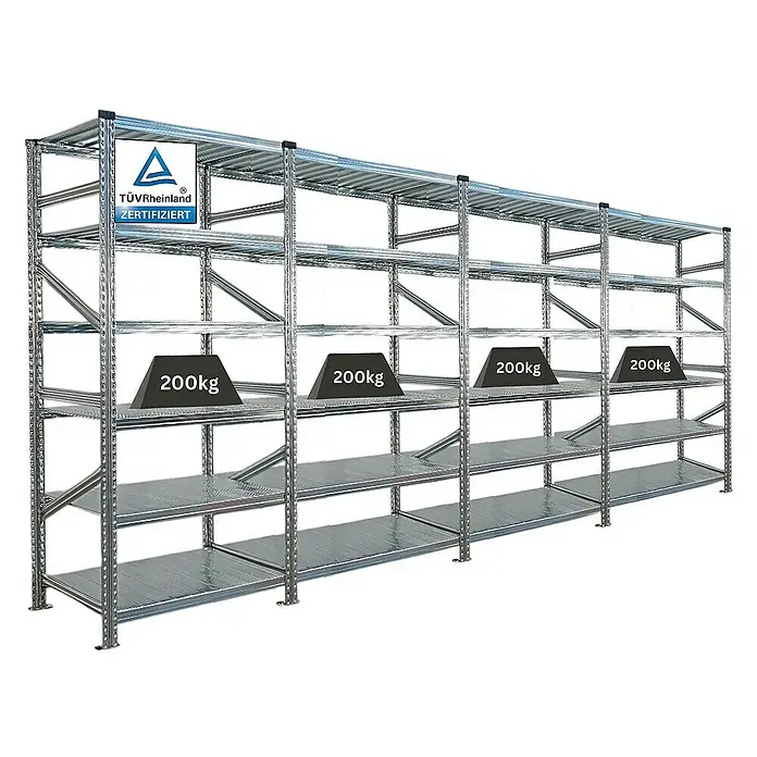 Proregal Metallregal Fachbodenregal PROXIMO 1x Grundregal + 3x Anbauregal - Traglast pro Boden: 200 kg, Anzahl Böden: 6 Stk., Stecken, Verzinkt - Metallregal mit mehreren Ebenen, auf denen Gewichte von 200 kg platziert sind, zertifiziert vom TÜV Rheinland.