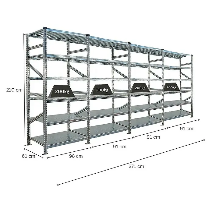 Proregal Metallregal Fachbodenregal PROXIMO 1x Grundregal + 3x Anbauregal - Traglast pro Boden: 200 kg, Anzahl Böden: 6 Stk., Stecken, Verzinkt - Abbildung eines robusten Metallregalsystems mit mehreren Ebenen, geeignet für Lager und Werkstätten, mit Gewichtsangaben.