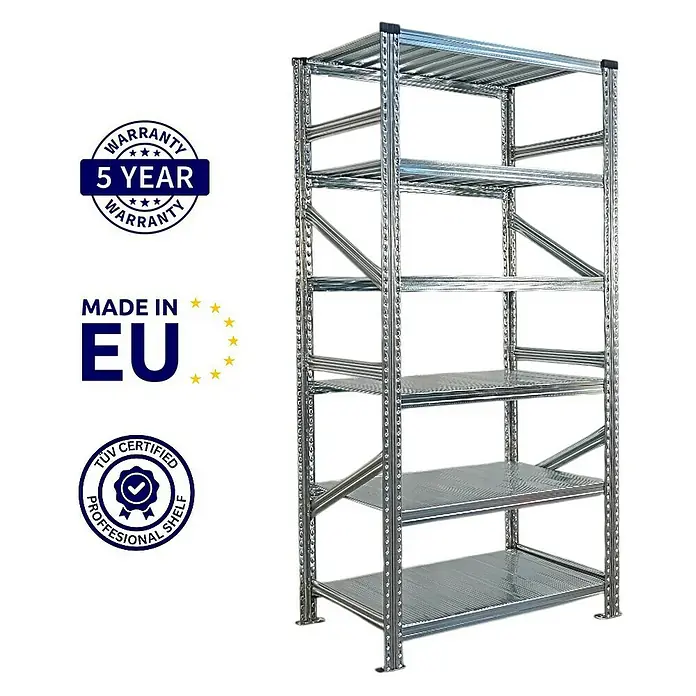 Proregal Metallregal Fachbodenregal PROXIMO 1x Grundregal + 3x Anbauregal - Traglast pro Boden: 200 kg, Anzahl Böden: 6 Stk., Stecken, Verzinkt - Robustes Metallregal mit sechs Ebenen für Lagerung und Organisation. Langlebig, zertifiziert und mit 5 Jahren Garantie.