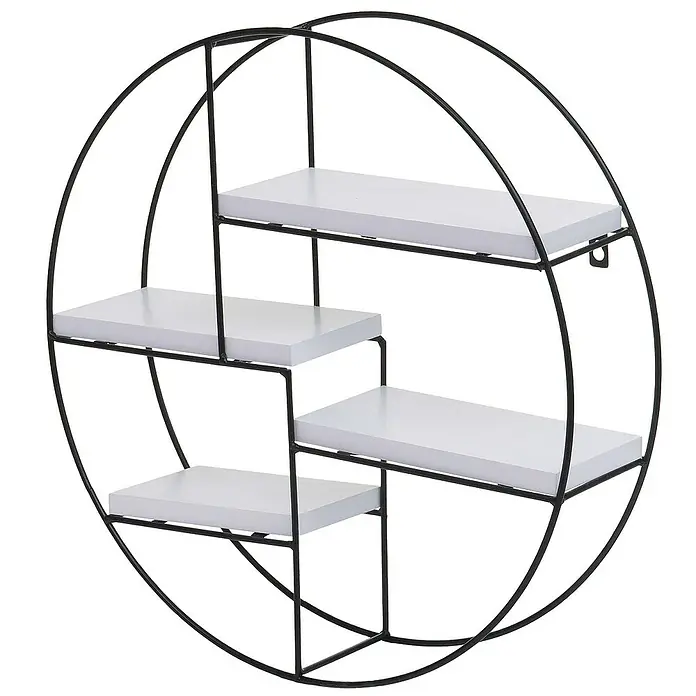 Berlinlodge Holzregal Wandregal rund - Anzahl Böden: 4 Stk., Einhängen, Weiß - Wandregal mit vier weißen Holzablagen und einem schwarzen Metallrahmen in Kreisform.
