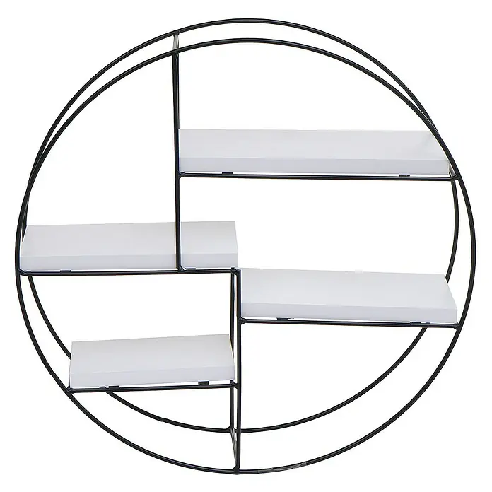Berlinlodge Holzregal Wandregal rund - Anzahl Böden: 4 Stk., Einhängen, Weiß - Wandregal mit kreisförmigem, schwarzem Metallrahmen und vier weißen Regalböden. Dekoratives und praktisches Wohnaccessoire.