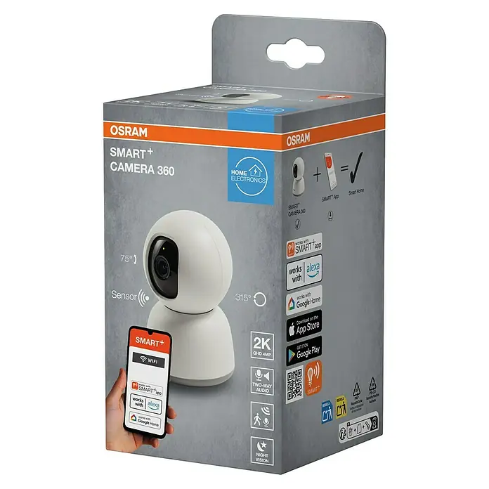 Osram Smart+ Überwachungskamera 360 - Passend für: Alarmsystem, Smart Home System - Das Bild zeigt die Verpackung der OSRAM SMART+ Camera 360, einer intelligenten Überwachungskamera für den Innenbereich.