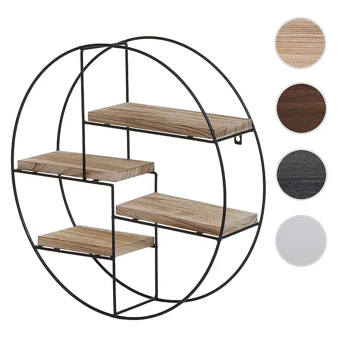 Berlinlodge Holzregal Wandregal rund - Anzahl Böden: 4 Stk., Einhängen, Weiß - Wandregal mit einem runden, schwarzen Metallrahmen und vier Ablageflächen aus hellem Holz.