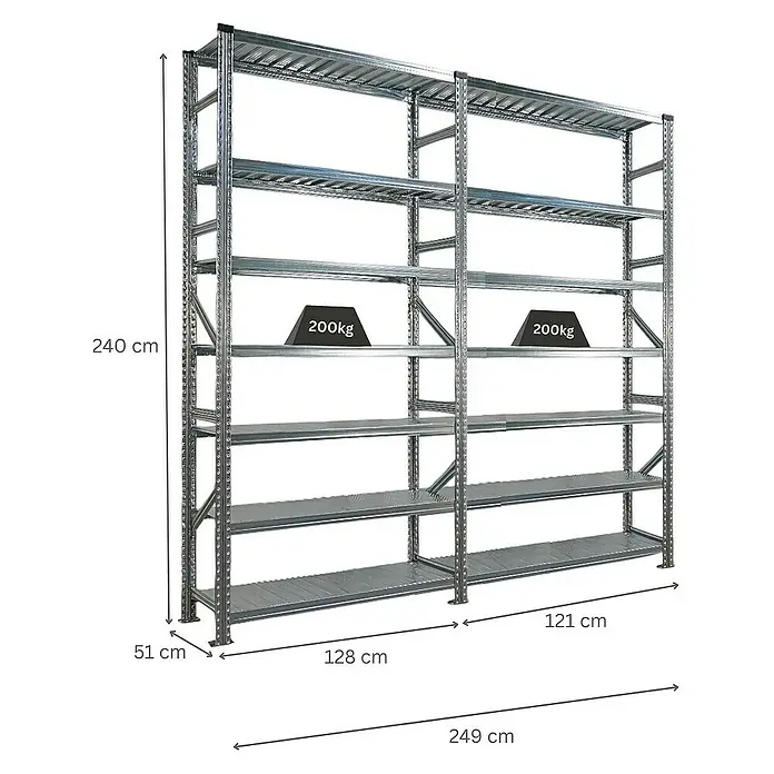 Proregal Metallregal Fachbodenregal PROXIMO 1x Grundregal + 1x Anbauregal - H x B x T: 240 x 120 x 50 cm, Traglast pro Boden: 200 kg, Anzahl Böden: 7 Stk., Stecken, Verzinkt - Abbildung eines Metallregals mit mehreren Ebenen, das für Lagerzwecke geeignet ist und eine Traglast von 200 kg pro Ebene hat.