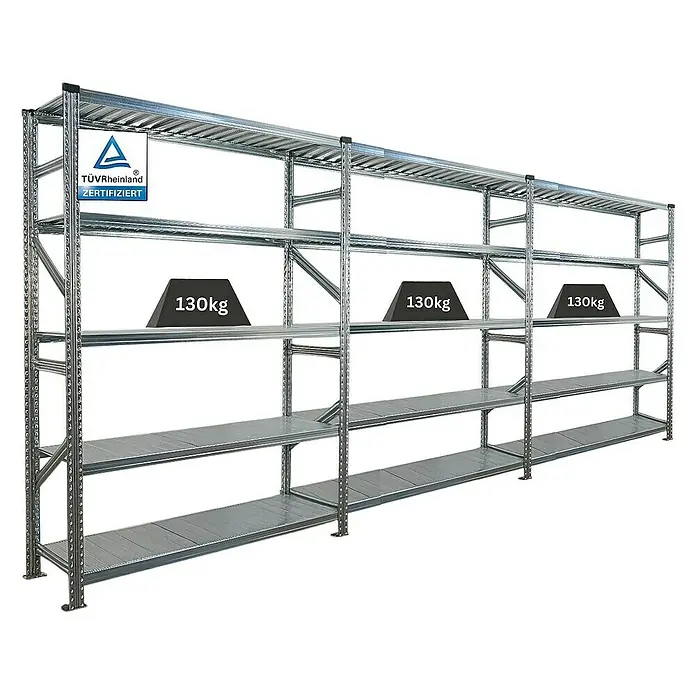 Proregal Metallregal Fachbodenregal PROXIMO 1x Grundregal + 2x Anbauregal - Traglast pro Boden: 130 kg, Anzahl Böden: 5 Stk., Stecken, Verzinkt - Stabiles Metallregal mit vier Ebenen und Gewichtsangabe für Lagerzwecke.\n