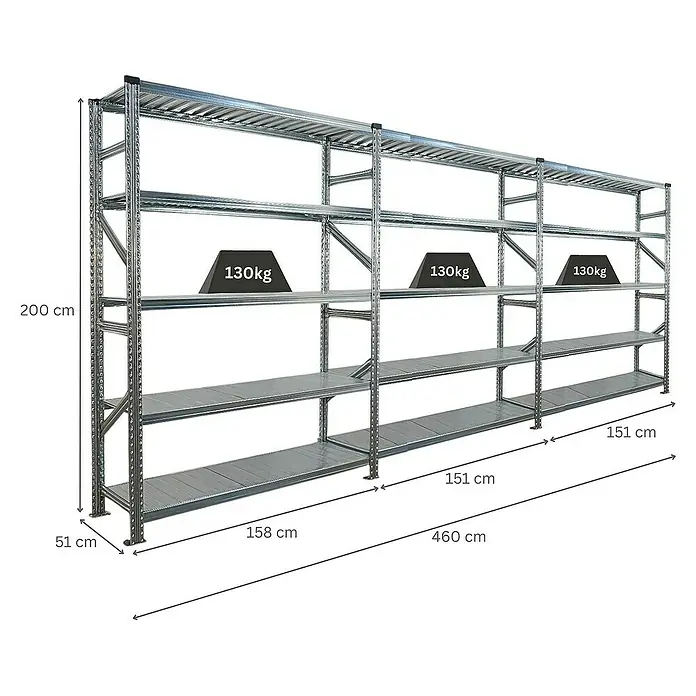 Proregal Metallregal Fachbodenregal PROXIMO 1x Grundregal + 2x Anbauregal - Traglast pro Boden: 130 kg, Anzahl Böden: 5 Stk., Stecken, Verzinkt - Abbildung eines modularen Metallregalsystems mit mehreren Ebenen zur Lagerung, das Stabilität und Flexibilität bietet.
