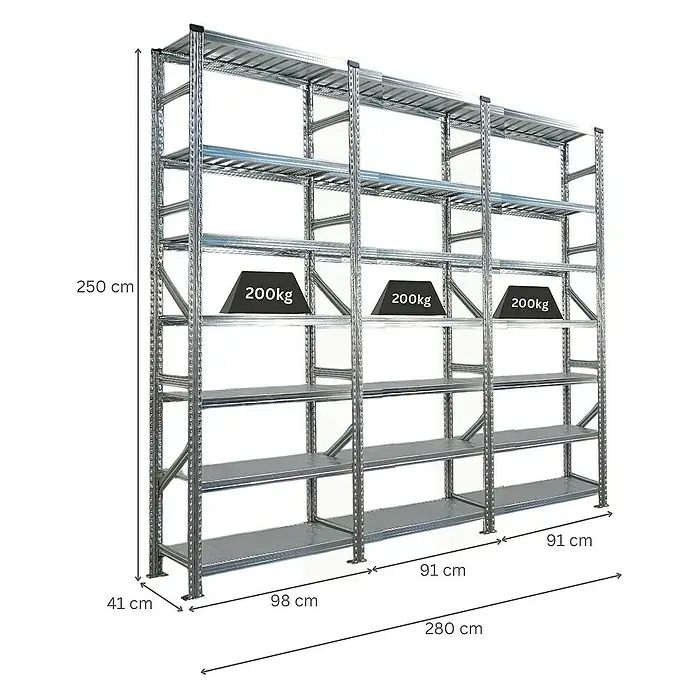 Proregal Metallregal Fachbodenregal PROXIMO 1x Grundregal + 2x Anbauregal - Traglast pro Boden: 200 kg, Anzahl Böden: 7 Stk., Stecken, Verzinkt - Ansicht eines silbernen Schwerlastregals mit mehreren Ebenen und Gewichtsangaben zur Veranschaulichung der Tragfähigkeit.