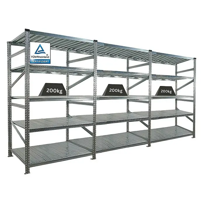 Proregal Metallregal Fachbodenregal PROXIMO 1x Grundregal + 2x Anbauregal - Traglast pro Boden: 200 kg, Anzahl Böden: 5 Stk., Stecken, Verzinkt - Metallregal mit mehreren Ebenen, TÜV-Rheinland zertifiziert, mit Gewichten von 200 kg auf einer Ebene zur Demonstration der Tragfähigkeit.