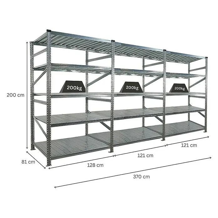 Proregal Metallregal Fachbodenregal PROXIMO 1x Grundregal + 2x Anbauregal - Traglast pro Boden: 200 kg, Anzahl Böden: 5 Stk., Stecken, Verzinkt - Ein Bild von einem robusten Metallregal mit mehreren Ebenen, das mit Gewichten von 200 kg belastet ist.