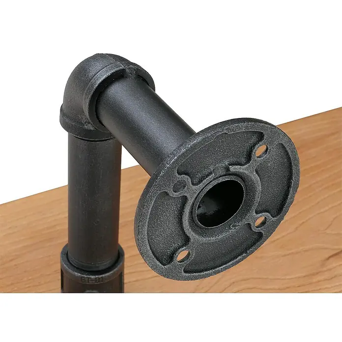 Berlinlodge Holzregal 2er-Set Wandregal - H x B x T: 29 x 45 x 25 cm, Anzahl Böden: 2 Stk., Einhängen, Natur - Nahaufnahme eines industriellen schwarzen Eisenrohrregals auf einer Holzoberfläche, das robust und stilvoll ist.