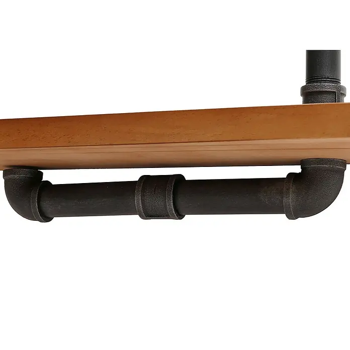 Berlinlodge Holzregal 2er-Set Wandregal - H x B x T: 29 x 45 x 25 cm, Anzahl Böden: 2 Stk., Einhängen, Natur - Nahaufnahme eines Holzregals mit rustikalen schwarzen Metallrohrhalterungen, die dem Design einen industriellen Touch verleihen.