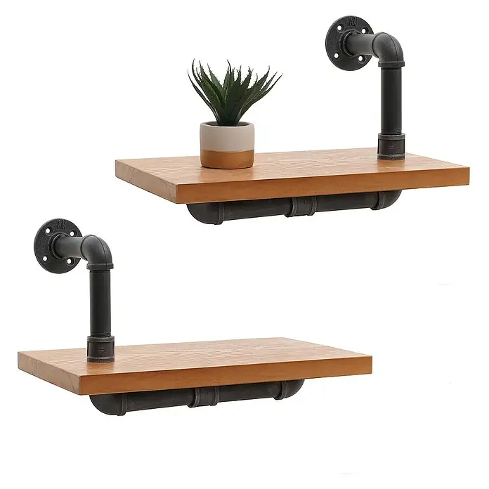 Berlinlodge Holzregal 2er-Set Wandregal - H x B x T: 29 x 45 x 25 cm, Anzahl Böden: 2 Stk., Einhängen, Natur - Industrielle Wandregale mit rustikalen Holzböden und schwarzen Metallrohrhalterungen für ein einzigartiges Dekorationsstück.