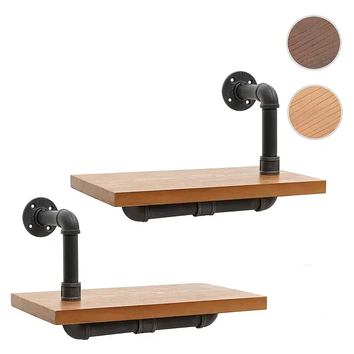 Berlinlodge Holzregal 2er-Set Wandregal - H x B x T: 29 x 45 x 25 cm, Anzahl Böden: 2 Stk., Einhängen, Natur - Industrielle Wandregale mit rustikalem Design und Metallrohr-Halterungen. Ideal für Wohnzimmer, Schlafzimmer oder Küche zur stilvollen Aufbewahrung.