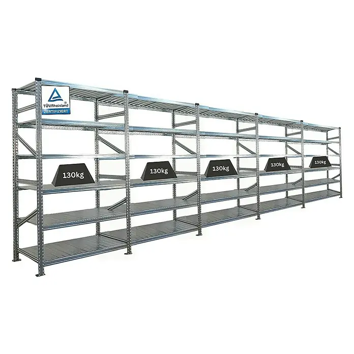 Proregal Metallregal Fachbodenregal PROXIMO 1x Grundregal + 4x Anbauregal - Traglast pro Boden: 200 kg, Anzahl Böden: 6 Stk., Stecken, Verzinkt - Abbildung eines Schwerlastregals mit fünf 130kg Gewichten, zertifiziert durch TÜV Rheinland, ideal für Lagerhaltung und Organisation.
