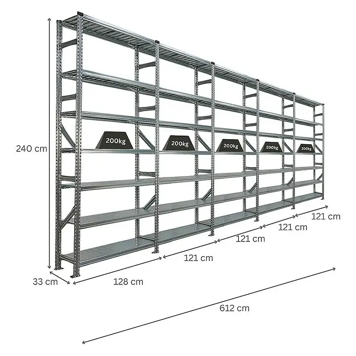 Proregal Metallregal Fachbodenregal PROXIMO 1x Grundregal + 4x Anbauregal - H x B x T: 240 x 120 x 32 cm, Traglast pro Boden: 200 kg, Anzahl Böden: 7 Stk., Stecken, Verzinkt - Lagerregal aus Metall mit mehreren Ebenen und Gewichtsangaben für die Belastbarkeit.