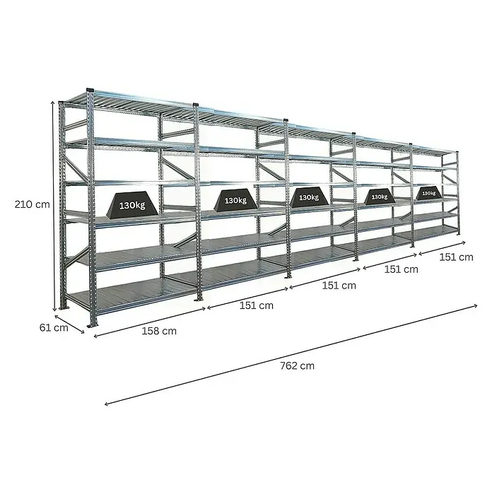 Proregal Metallregal Fachbodenregal PROXIMO 1x Grundregal + 4x Anbauregal - Traglast pro Boden: 200 kg, Anzahl Böden: 6 Stk., Stecken, Verzinkt - Abbildung eines langen Metallregals mit mehreren Ebenen und einer maximalen Höhe von 210cm, einer Tiefe von 61cm, belastbar mit 130kg.