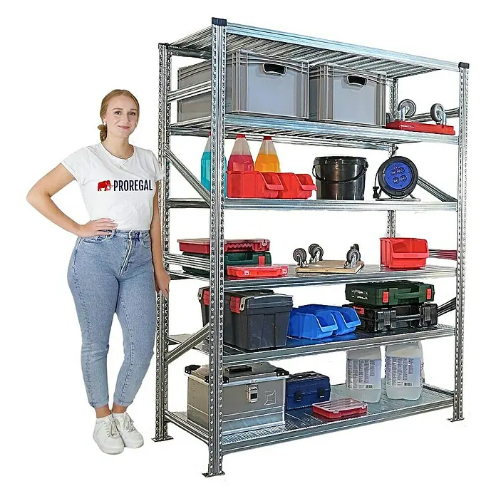 Proregal Metallregal Fachbodenregal PROXIMO 1x Grundregal + 4x Anbauregal - Traglast pro Boden: 200 kg, Anzahl Böden: 6 Stk., Stecken, Verzinkt - Ein geräumiges Proregal Schwerlastregal mit mehreren Ablagen, bestückt mit Werkzeugkisten und Behältern, ideal für Lagerung und Organisation.