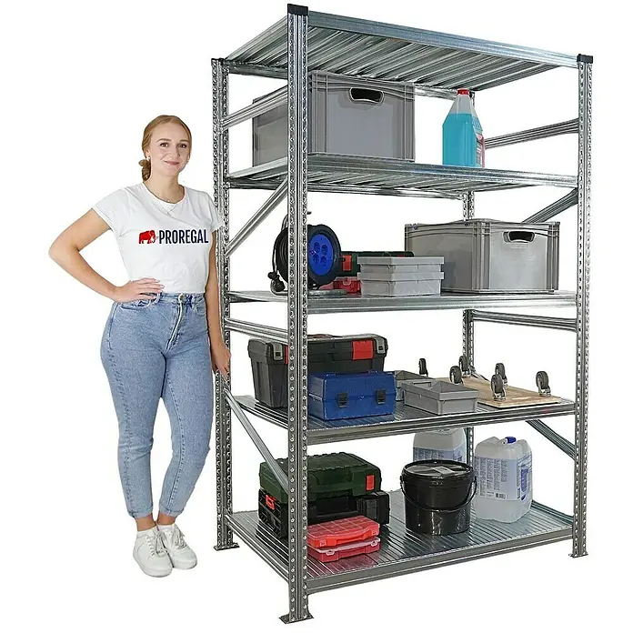 Proregal Metallregal Fachbodenregal PROXIMO Grundregal - Traglast pro Boden: 200 kg, Anzahl Böden: 5 Stk., Stecken, Verzinkt - Ein Proregal Schwerlastregal, beladen mit verschiedenen Boxen und Werkzeugen, demonstriert seine Stabilität und Funktionalität neben einer Frau.