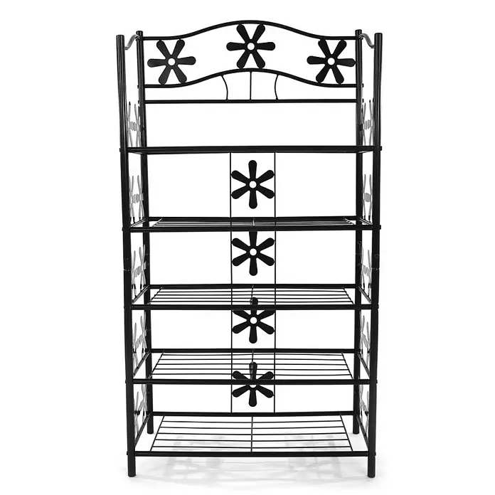 Berlinlodge Holzregal Regal Metall - H x B x T: 112 x 60 x 30 cm, Anzahl Böden: 5 Stk., Aufstellen, Schwarz - Schwarzes, mehrstöckiges Pflanzenregal aus Metall mit dekorativen Blumenmustern. Ideal zur Präsentation von Pflanzen und Blumen.