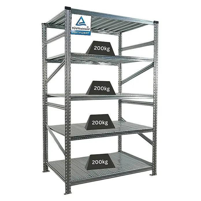 Proregal Metallregal Fachbodenregal PROXIMO Grundregal - Traglast pro Boden: 200 kg, Anzahl Böden: 5 Stk., Stecken, Verzinkt - Metallregal mit vier Ebenen, jede belastet mit 200 kg Gewichten, TÜV Rheinland zertifiziert, ideal für Lager und Werkstatt.
