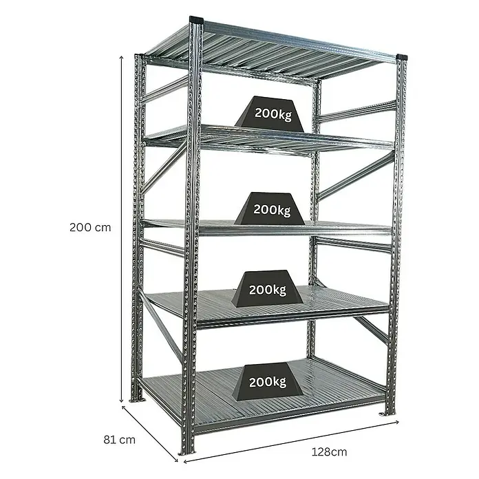 Proregal Metallregal Fachbodenregal PROXIMO Grundregal - Traglast pro Boden: 200 kg, Anzahl Böden: 5 Stk., Stecken, Verzinkt - Produktfoto eines Metallregals mit fünf Ebenen, beladen mit Gewichten, Maße: 200 cm Höhe, 128 cm Breite und 81 cm Tiefe.