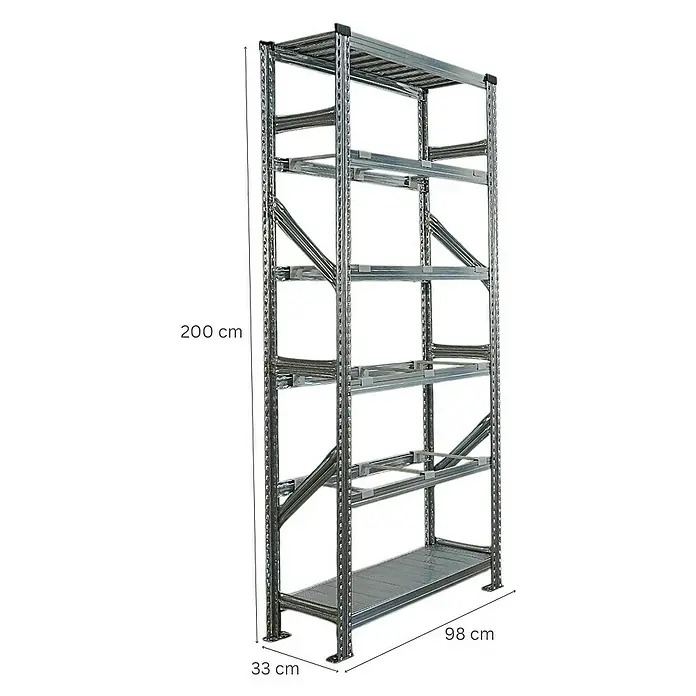 Proregal Registraturregal PROXIMO Grundregal - H x B x T: 200 x 90 x 32 cm, Stecken, Verzinkt - Produktabbildung eines Metallregals mit sechs Böden und den Maßen 200 cm Höhe, 98 cm Breite und 33 cm Tiefe.