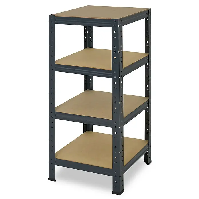 shelfplaza Schwerlastregal HOME - H x B x T: 100 x 60 x 60 cm, Traglast pro Boden: 175 kg, Stecken, anthrazit - Ein stabiles, graues Regal mit vier braunen Ablageflächen. Perfekt für die Organisation von Gegenständen im Haus oder in der Garage.